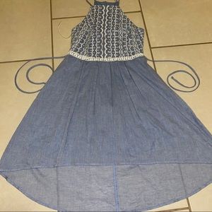 Linen Blue High Low Dress with White Embroidery